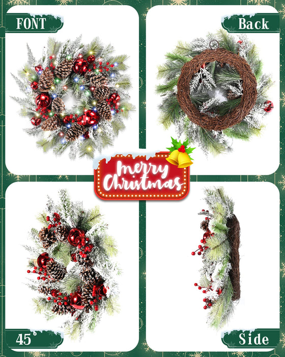 DDHS Christmas Wreaths for Front Door,24 Inch Pre-Lit Winter Wreath with Big Bells, Pine Cones, Red Berries 60 LED Lights, for Party Table Fireplaces Porch Walls Years Christmas Home Decor-Snow