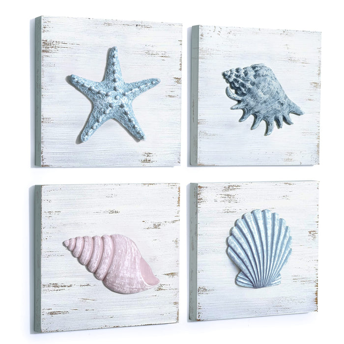 TideAndTales Beach Decor Seashell Wall Art (Set of 4) Textured 3D Shells and Starfish Decorations for Home or Beach House, Rust