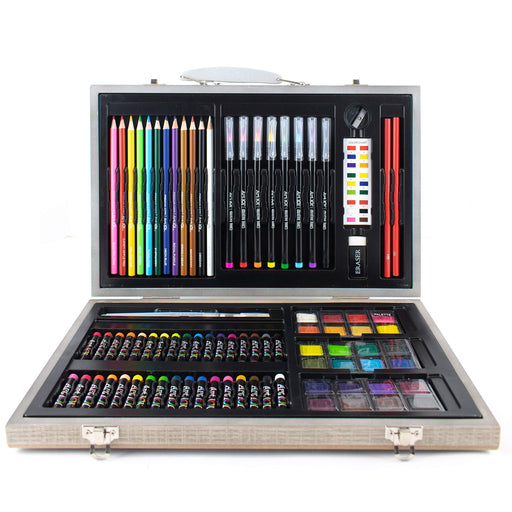Art 101 Doodle and Color 142 Pc Art Set in a Wood Carrying Case, Includes  24 Premium Colored Pencils, A variety of coloring and painting mediums:  crayons, oil pastels, watercolors; Portable Art