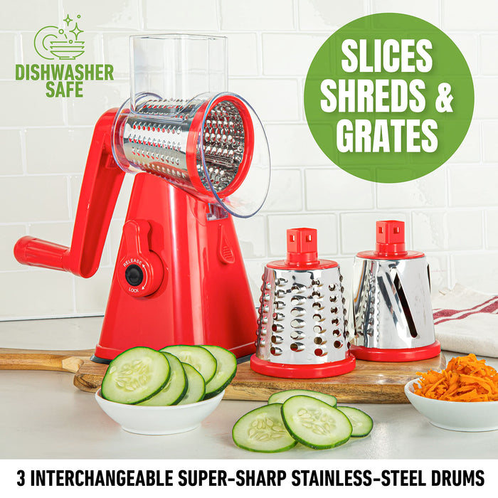 NUTRISLICER Rotary Cheese Grater with Handle, Fast Cutting Grater for Kitchen with 3 Interchangeable Blades, Vegetable Slicer