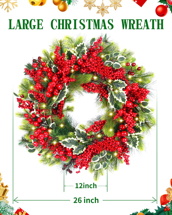 DDHS Christmas Wreath, 26 Inch Artificial Christmas Decorations Wreaths for Front Door with 60 Lights, Red Berries Green Spruce, for Festive Party for Window Indoor and Outdoor Pre-Lit Holiday Decor