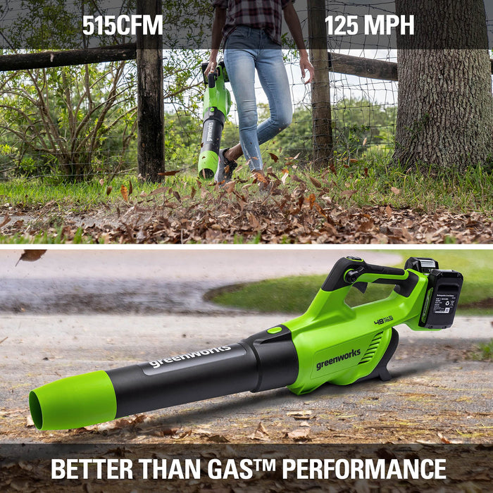 Greenworks 48V (2 x 24V) Cordless Axial Blower (515 CFM / 125 MPH), (2) 2.0Ah Batteries and Dual Port Charger with 24V Chainsaw