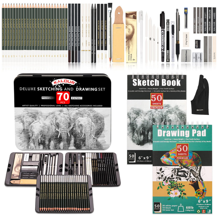KALOUR 72-Pack Sketch Drawing Pencils Kit with Sketchbook and 3
