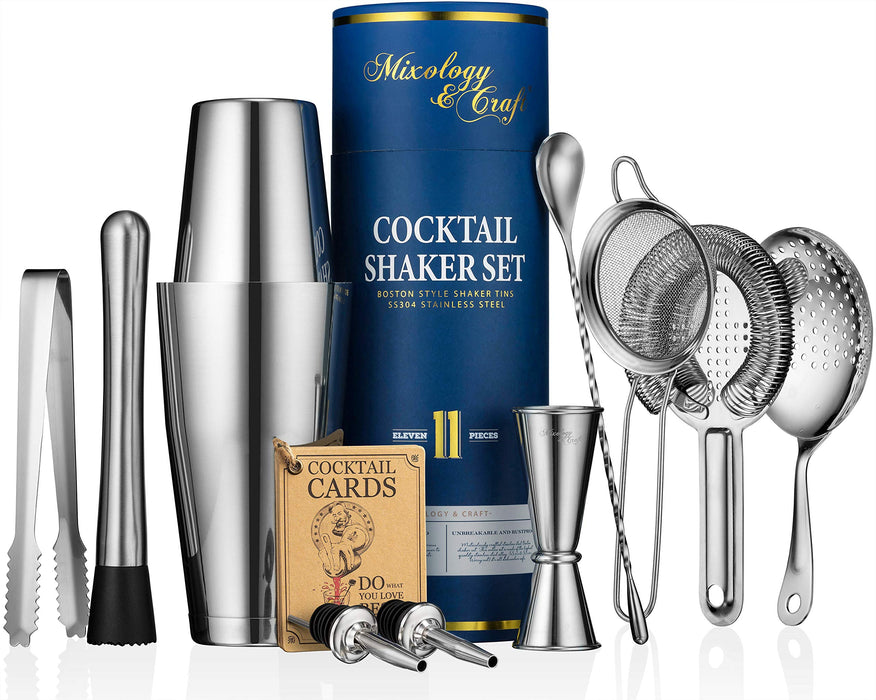 Mixology & Craft Cocktail Shaker Set - 11-Piece Bar Accessories Kit w/ Weighted Boston Shaker, Strainer, Jigger, Muddler