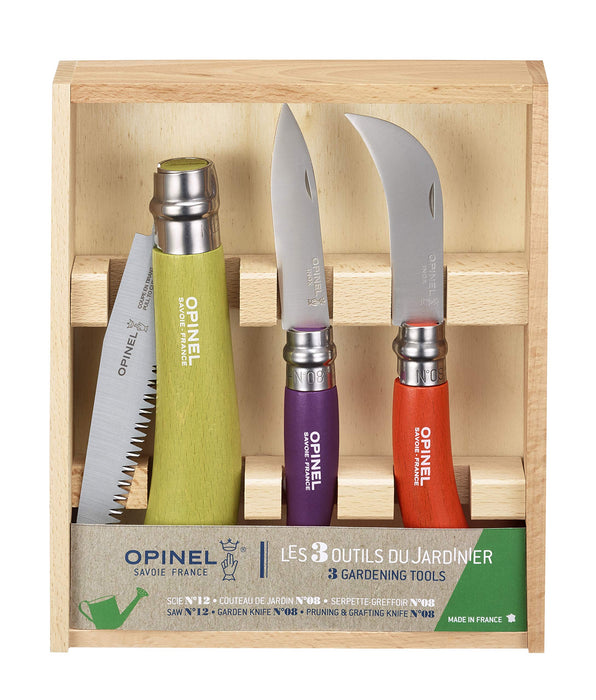 Opinel 3 Piece Gardening Tool Set - No. 12 Folding Saw, No. 8 Pruning Knife, No. 8 Garden Knife - Vibrant Painted Handles, Stainless Steel and Carbon Steel Blades - Made in France