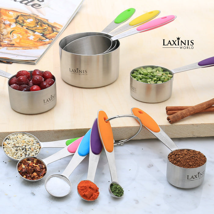  New Version! 11 Piece Measuring Cups And Spoons Set by Laxinis  World  Sturdy Stainless Steel Stackable 6 Cups and 5 Spoons with Soft  Silicone Handles to Measure Dry and Liquid