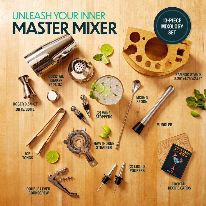 Mixology Bartenders Kit: 13-Piece Bar Tool Set with Circular Bamboo Stand | Perfect Home Bartenders Kit and Martini Cocktail Shake