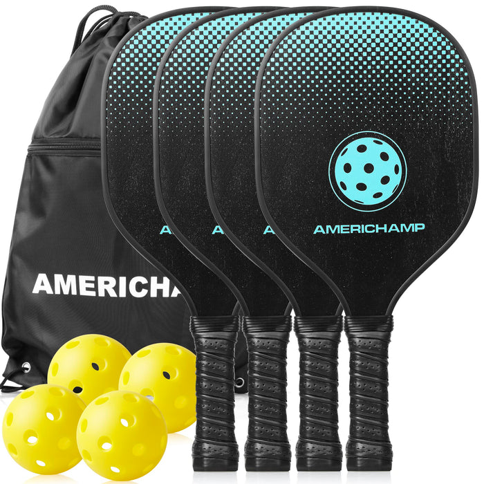 AMERICHAMP Pickleball Set Durable Wooden Pickle Ball Paddle Set of 4 Racket with Non-Slip Grip for Stability 4 high-Performing Indoor and Outdoor Pickleball Balls with Carry Bag