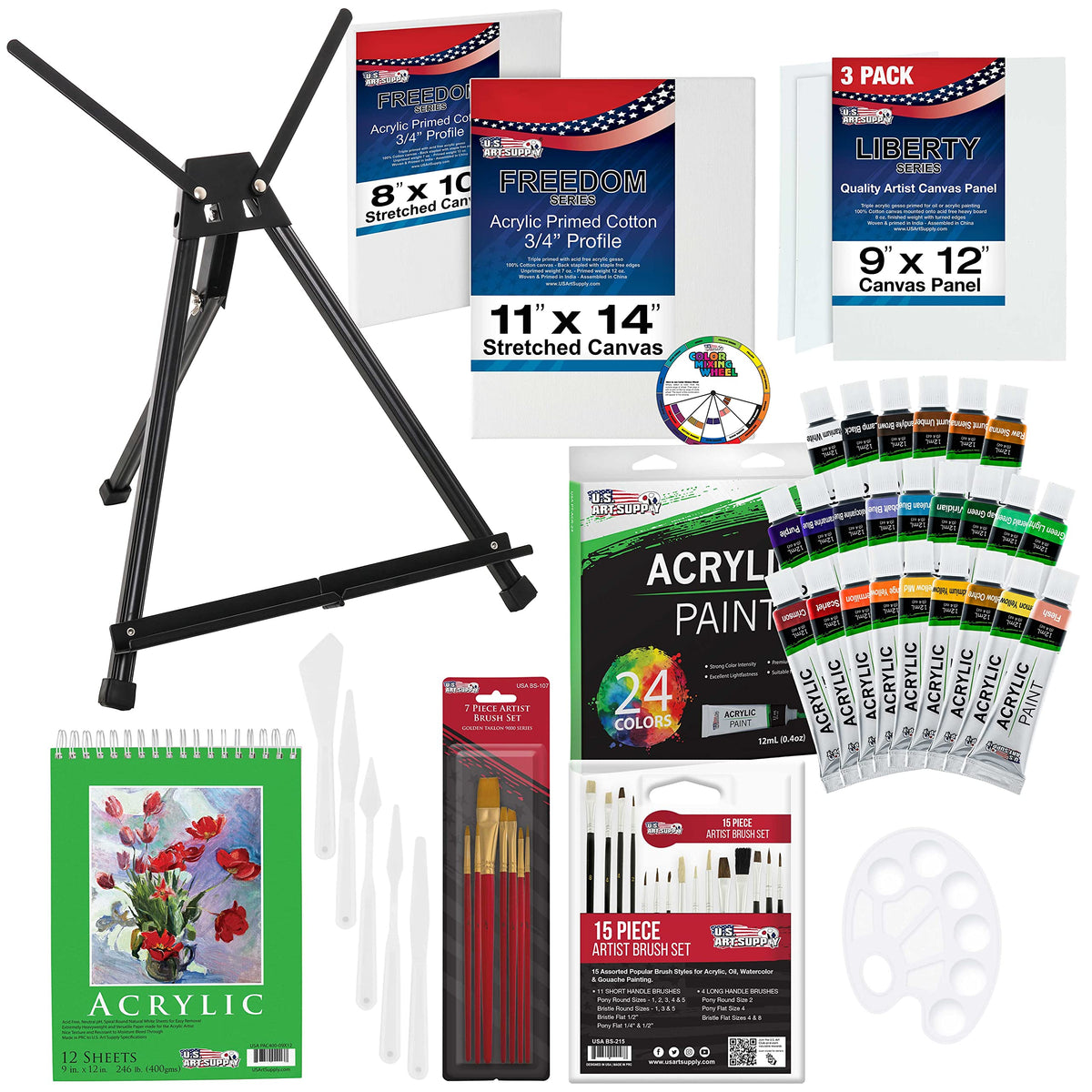 U.S. Art Supply 13-Piece Artist Painting Set with 6 Vivid Acrylic Paint  Colors, 12 Easel, 2 Canvas Panels, 3 Brushes, Painting Palette - Beginners