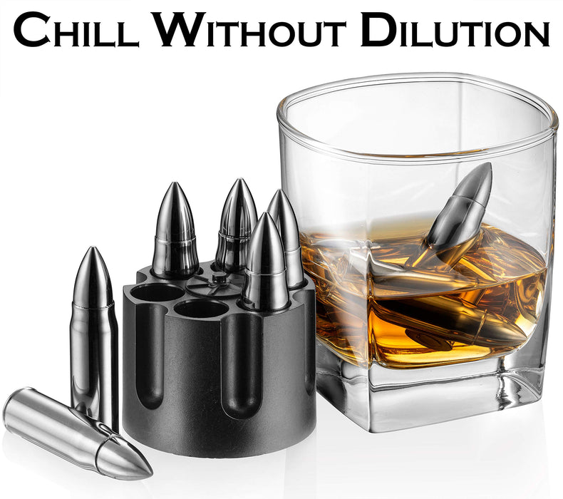 Whiskey Stone Bullets Set - Stainless Steel Bullet Shaped Whiskey Stones with Revolver Freezer Base, Reusable Bullet Ice Cube