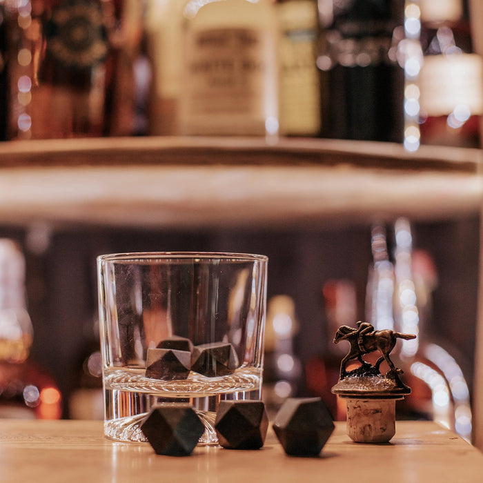 Whiskey Stones Set w/Plastic Box - Refreezable Bourbon Stones - Granite/Natural Basalt Whiskey Rocks - .87” Drinking Rocks