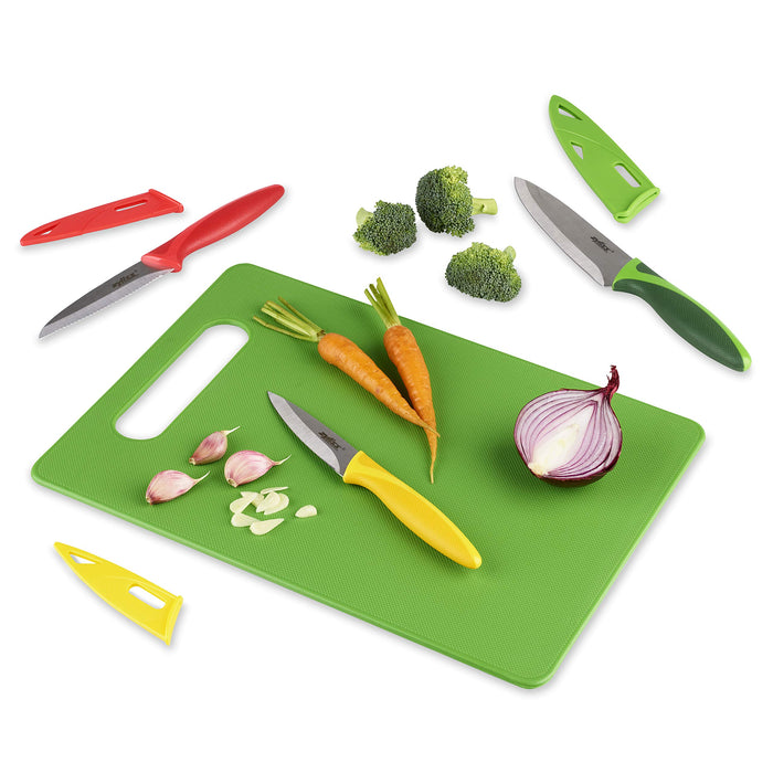 Zyliss E910047 Cutting-Set with 3 Coloured Kitchen Knives with Ergonomic Non-Slip Handle (Office, Serrated Office, All-Use) and 1 Chopping Board, Stainless Steel