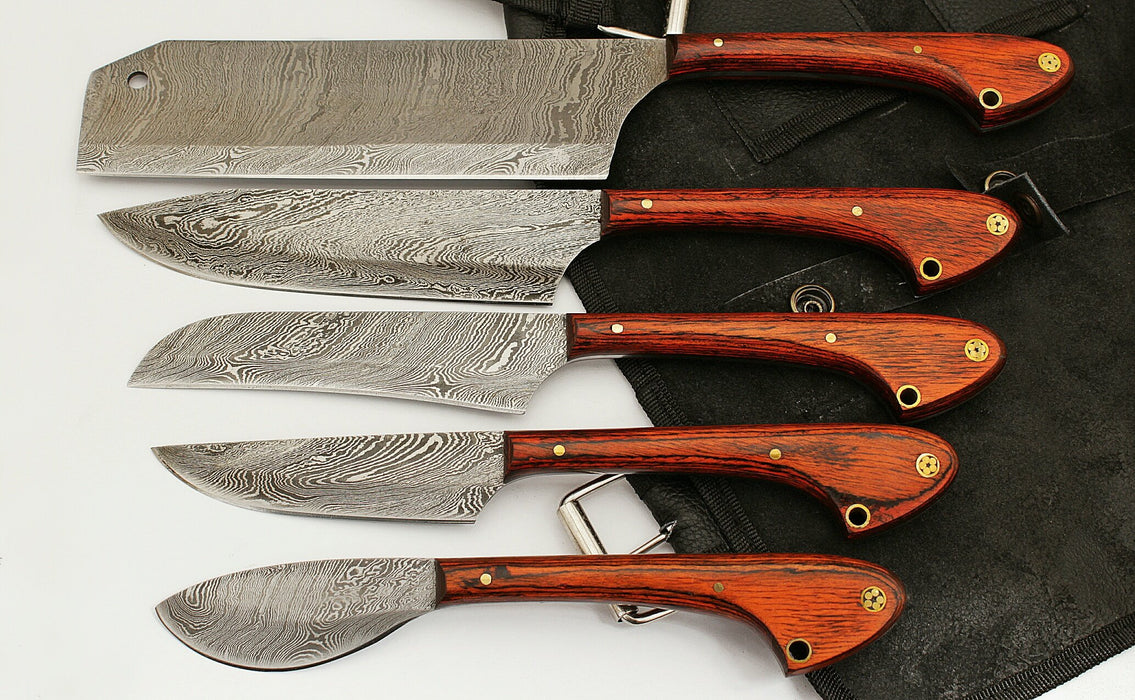 Fire Forged Damascus Kitchen knives Set With Roll Bag