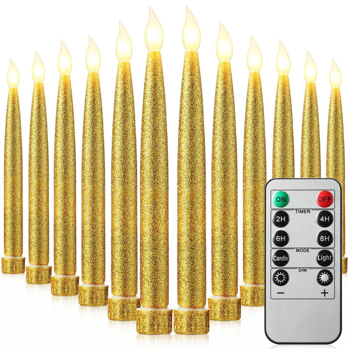 BBTO 12 Pcs Christmas Decor Gold LED Flameless Taper Candles