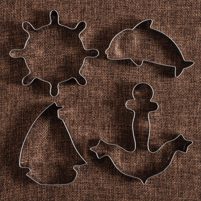 LILIAO Nautical Cookie Cutter Set - 4 Piece - Anchor, Sailboat, Rudder and Dolphin Biscuit Fondant Cutters - Stainless Steel