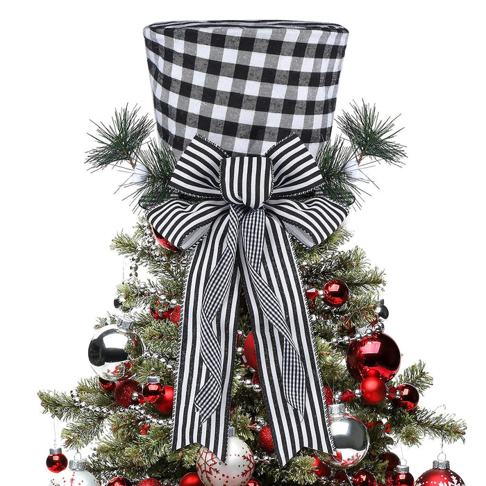 Christmas Tree Topper Hat, Retractable Xmas Tree Topper, Foldable Classic Plaid Top Hat with Large Bow for Christmas Tree Decorations Desktop Ornaments Winter Holiday Party Home Decor (Black & White)