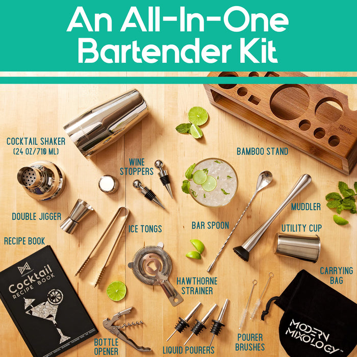 Mixology Bartenders Kit: 23-Piece Bar Set Cocktail Shaker Set with Stylish Bamboo Stand | Perfect for Home Bar Tools Bartenders