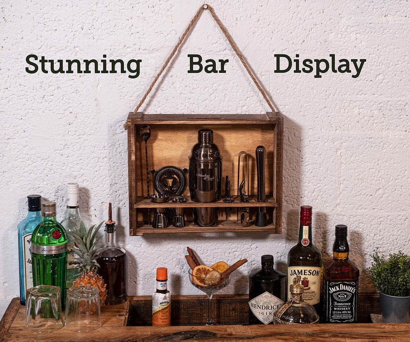Mixology Bartenders Kit: 11-Piece Bar Tool Set with Rustic Wood Stand | Perfect Home Bartenders Kit and Cocktail Shaker Set