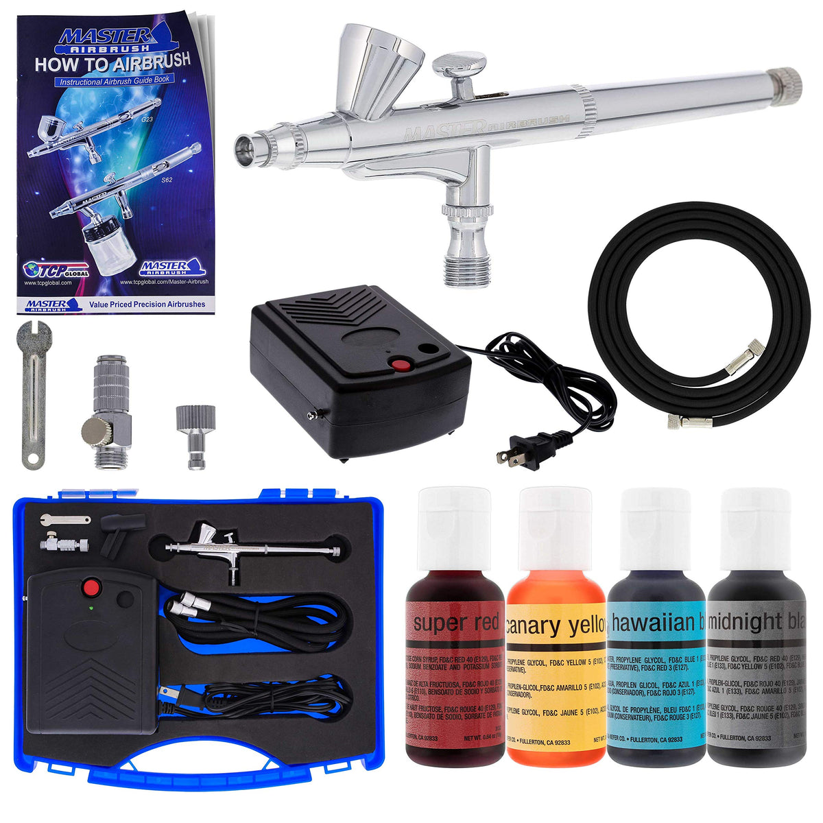 Bakery Airbrush Cake Kit with 3 Airbrushes, Compressor, 2 Air Hoses & 12  Color Chefmaster Food Coloring Set.7 fl Ounce