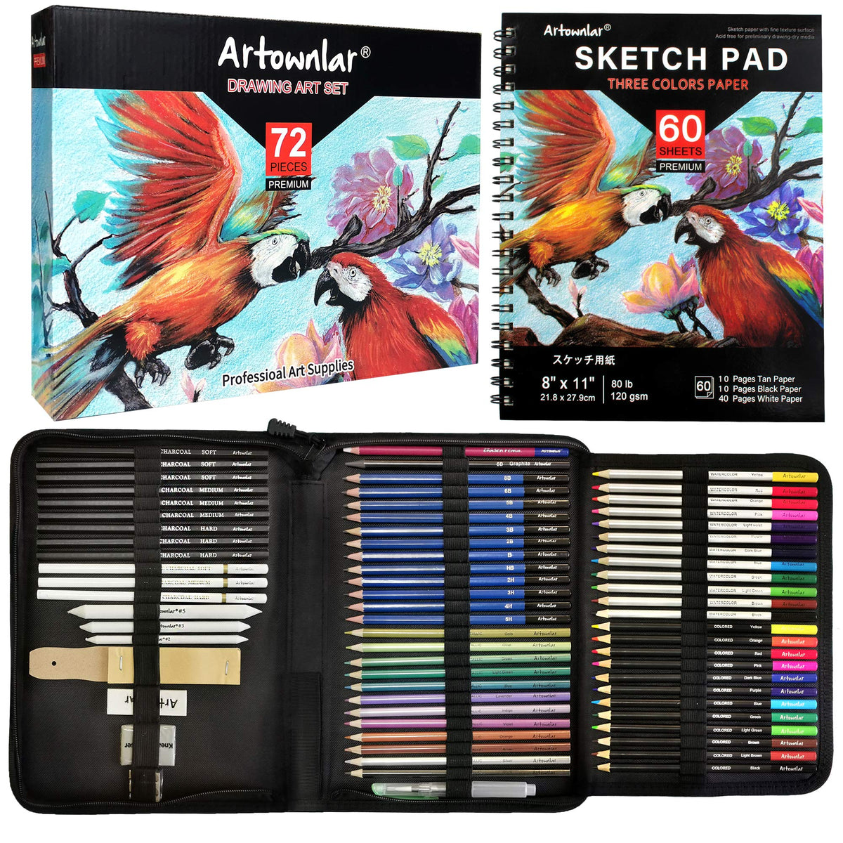 KALOUR 72-Pack Sketch Drawing Pencils Kit with Sketchbook and 3