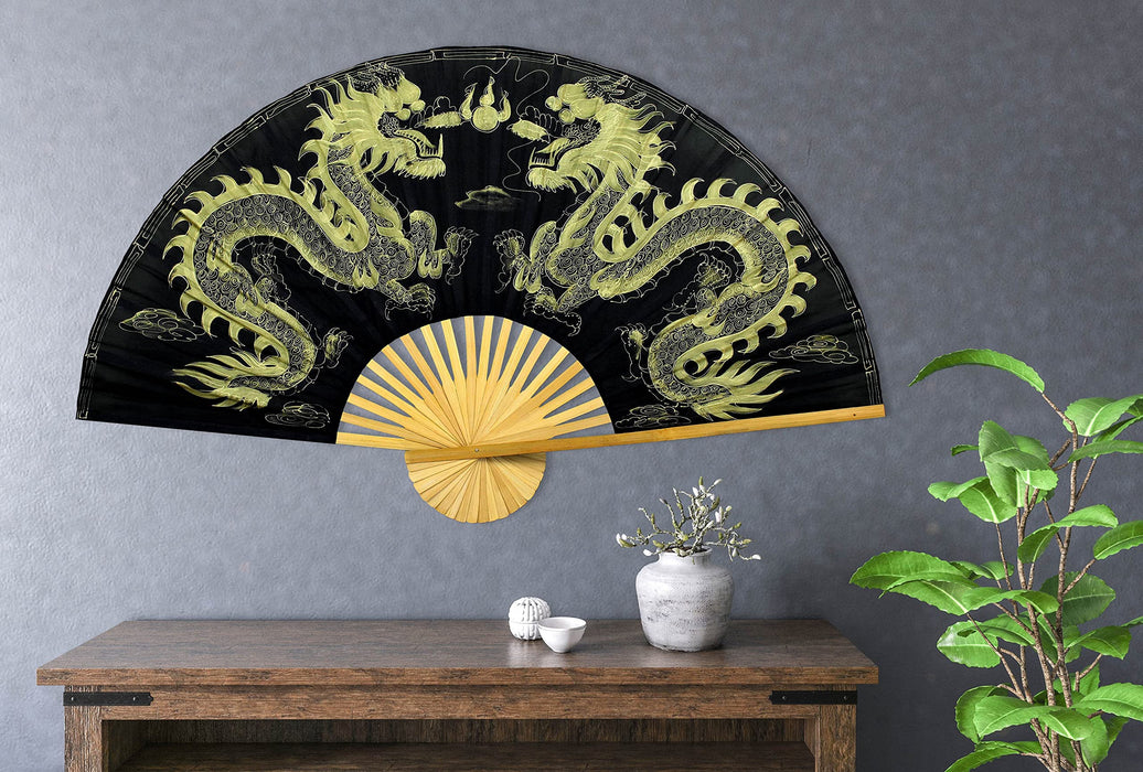 Dragons Folding Wall Fan Handpainted Chinese Decor Artwork (40 inch wide, Golden Dragons)