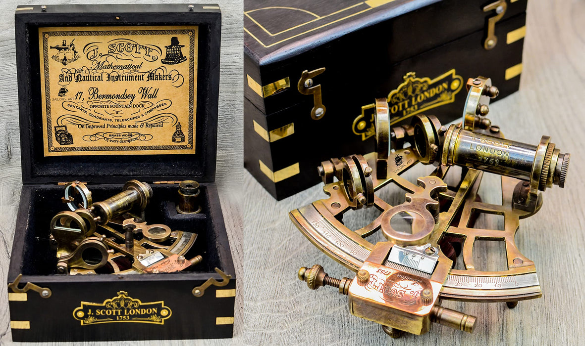 Sailor's Art Antique Brass Nautical Sextant Wooden BoxNavigation Instr —  CHIMIYA