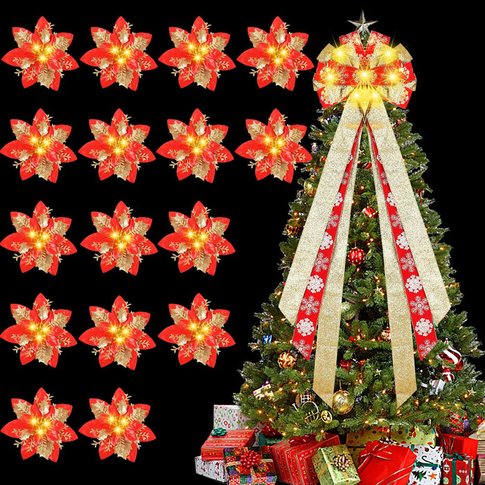 White Christmas Tree Topper, 40x13 Inches Toppers Bow with Glitter Satin  Mesh Streamer and Patterned Ribbon, Christmas Tree Topper Bow for Christmas