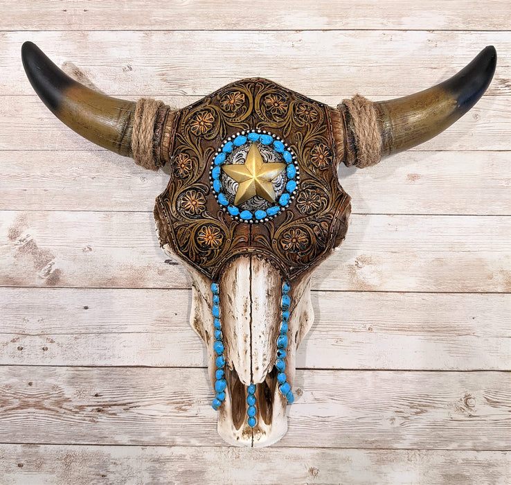 BestEver Bull Skull with Tooled Leather Southwest Home Decor Wall Hanging Decoration