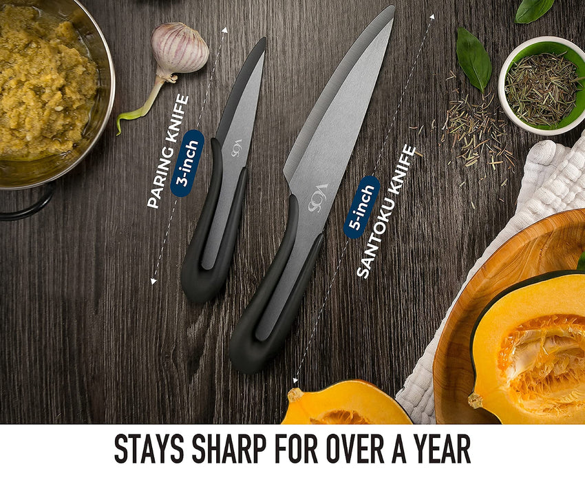 Vos Ceramic Knives With Covers 6 Pcs Kitchen Knife Set - 8 Bread Knife 7 Chef  Knife 6 Slicer Knife 5 Santoku Knife 4 Paring Knife and a Peeler (Blue)  