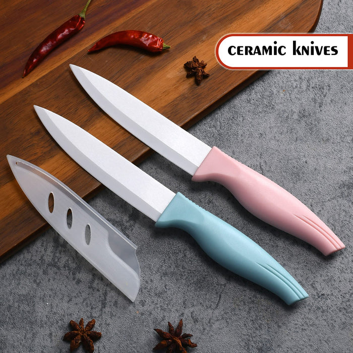 gajing Ceramic Fruit Knife Set 2-Piece with Sheaths Pink non-slip Grip handle,Antioxidation Sharp Blade For Fruit Paring When Traveling Which Placed in Bags, Fruit Plates