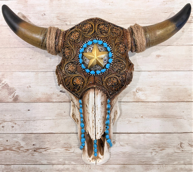 BestEver Bull Skull with Tooled Leather Southwest Home Decor Wall Hanging Decoration