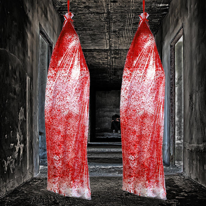 2 Pcs Halloween Bloody Bags Scary Pvc Mummy Props Clear Halloween Body Tree Hanging Bag Outdoor Indoor Creepy Decor For Butcher