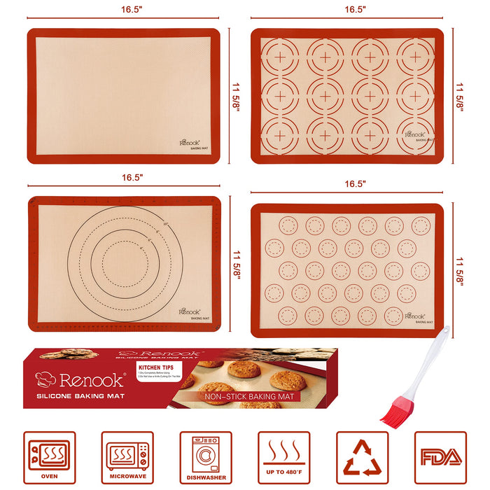 Silicone Baking Mat Set of 5-2 Half Sheets (Macaron & Cookie Circle On Mat)  + 1 Quarter + 1 Round & 1 Square Size Silicone Baking Sheet - Nonstick 