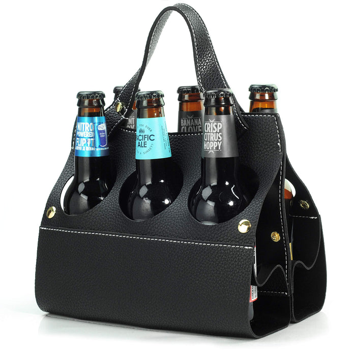 6 Pack Beer Caddy Beer Carrier Vegan Leather Bottle Holder for Party Picnic BYOB Restaurant Shopping (Black)