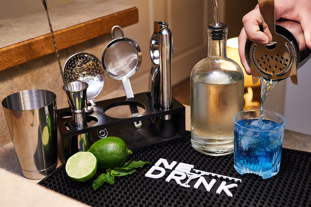 13-Piece Premium Cocktail Kit for Bartenders and Home Mixologists with Stand, Bar Mat, Boston Shaker, Lime Squeezer, and more!