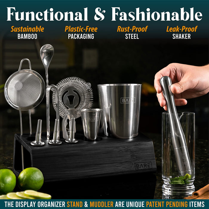 BARE BARREL® Pro Mixology Bartender Set Bar Kit | 14-Piece Boston Cocktail  Shaker Set | Professional Barware Mixing Tools Home Bartending | Stand & 35