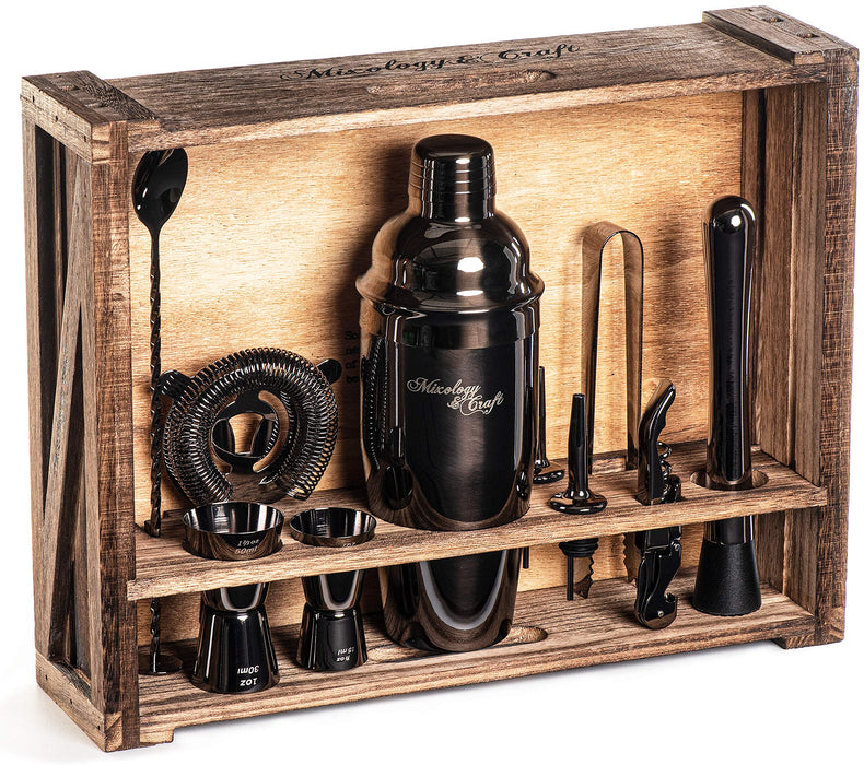 Mixology Bartenders Kit: 11-Piece Bar Tool Set with Rustic Wood Stand | Perfect Home Bartenders Kit and Cocktail Shaker Set