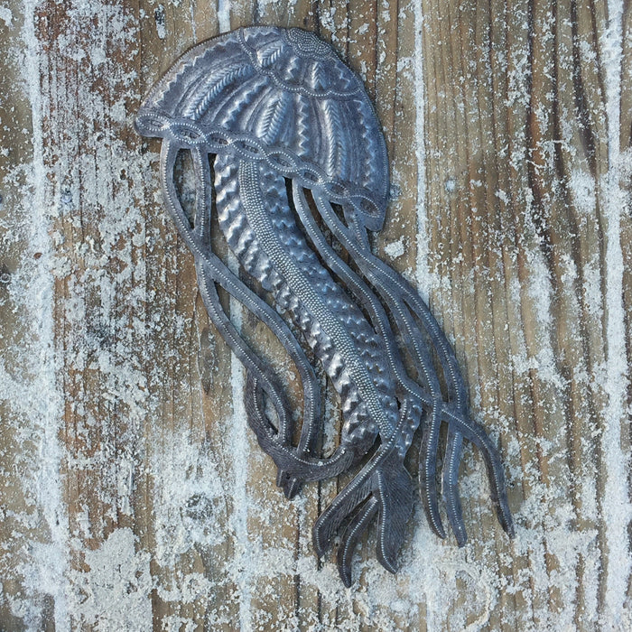 Jellyfish, Nautical Theme Wall Hanging Plaques, Sea Life Ocean Creature, Authentic Upcycled Artwork, Handmade in Haiti 17 x 7 I
