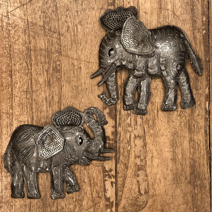 Good Luck Elephant, Decorative Metal Figurines, Tropical Decor, Indoor and Outdoor, Set of 2, Haitian Metal Wall Hanging Art