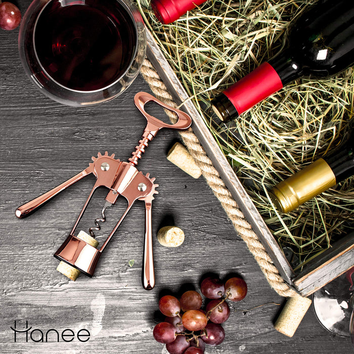 Wing Corkscrew Set by Hanee (Rose Gold) - Wine Bottle Opener - Wine Opener & Beer Bottle Opener with Foil Cutter and Pouch