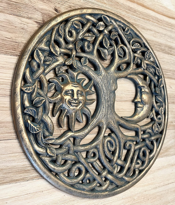 Top Brass Sun and Moon Face Tree of Life Wall Plaque Decorative Spiritual Celtic Garden Art Sculpture Celestial Harmony